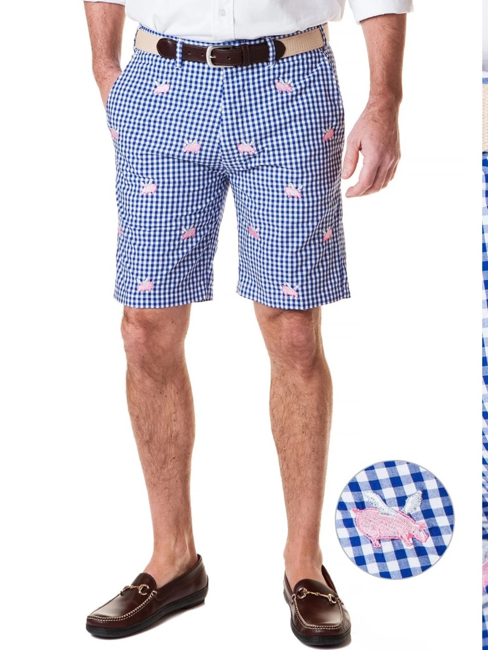 Castaway Blue Gingham Swim Board Shorts with Pink Pig Embroidery